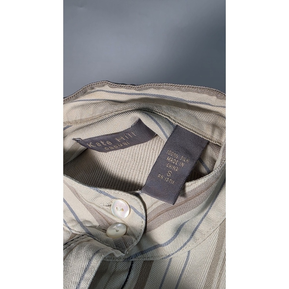 Kate Hill Casual 100% Silk Brown Tan Blue Striped Long Sleeve Blouse - Sz S - Picture 6 of 6